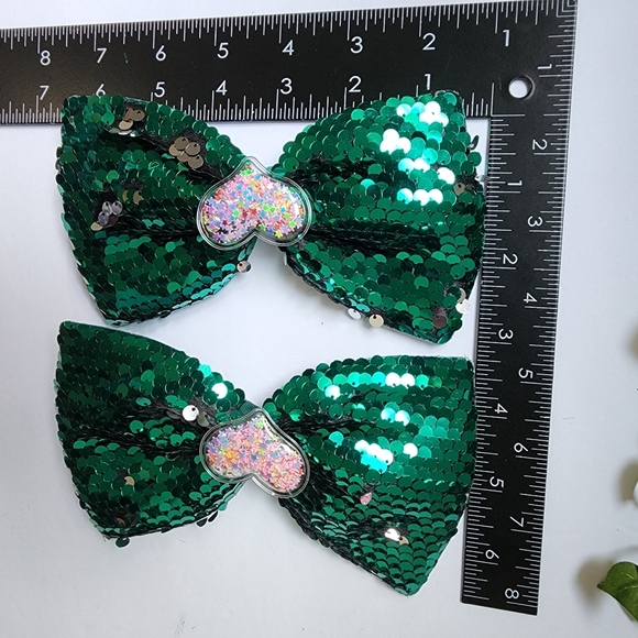 2 Girl's Mermaid Flip Sequin Green Hair Bow Clips New - Picture 5 of 5